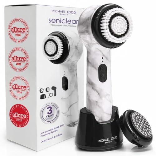 Michael Todd Beauty Soniclear Allure 2024 Best of Beauty Winner Facial Cleansing + Exfoliation Brush System with Antimicrobial Protected Bristles, 4 speeds, Serum Infusion Head + Travel Case