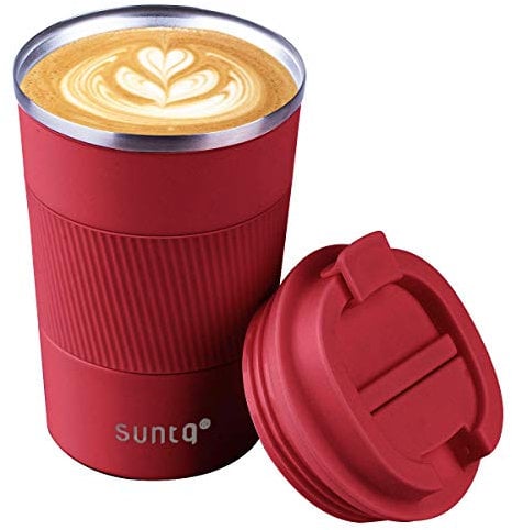 SUNTQ Reusable Coffee Cups Travel - Coffee Travel Mug with Leakproof Lid - Thermal Mug Insulated Cup - Stainless Steel Travel Cup with Rubber Grip - for Hot and Cold Drinks, 13oz/380ml, Red