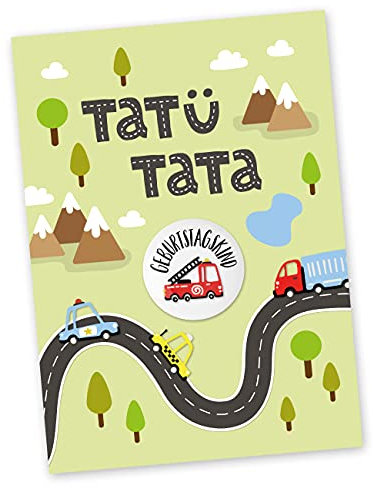 Papierdrachen Postkarte mit Button | Tatü Tata zum Verschicken und Verschenken | Design Feuerwehr | 35mm Button bedruckt mit Geburtstagskind