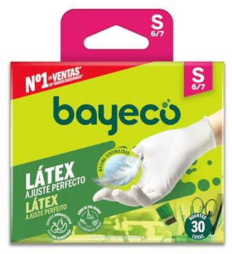 Bayeco - Guantes de un solo uso de Látex - Color Blanco - Ambidiestros - Aptos para el contacto con alimentos - Máxima sensibilidad - Pack dispensador de 30 unidades - Talla S
