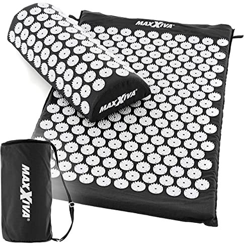 MAXXIVA® Akupressurmatte Set 75 x 42 cm mit Kissen mit Tragetasche Yantramatte Fakirmatte Durchblutung Massage (Schwarz)
