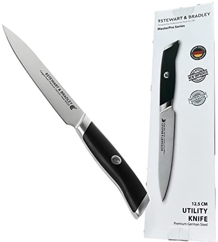STEWART & BRADLEY 12.5cm/5inch Utility Vegetable Knife. Full Tang, Razor Sharp, Ultra Fine Highly Tempered German Steel 4028, Precision Diamond Sharpened Small Kitchen Knife