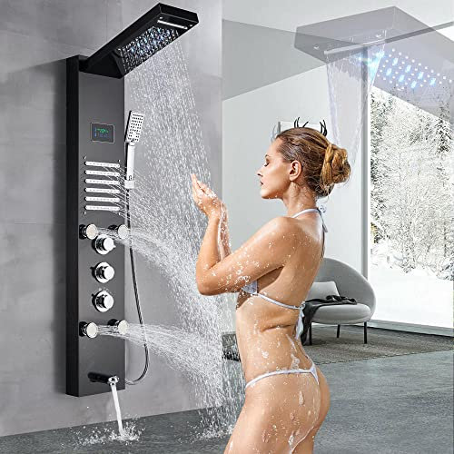 Wieoc Panneau de douche en acier inoxydable Système de tour à LED Buse de massage par pluie noir