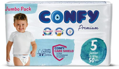 Confy Windeln für Babys (11-18 kg), Gr. 5 Jumbo Packung (50 Stk), Rundum Auslaufschutz