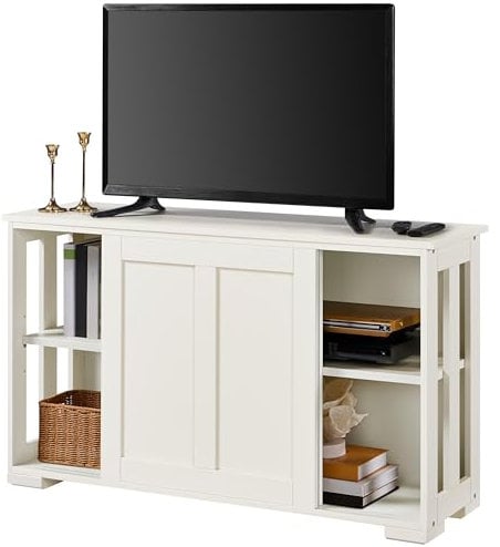 Yaheetech TV Stand Cabinet Unit TV Table with 2 Shelves, Sliding Doors, Sideboard for Living Room, Hallway, Kitchen, Dinning 106.7 x 33 x 63cm, Antique White