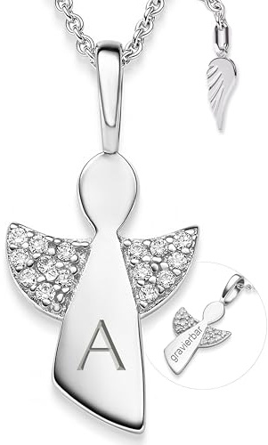 Schutzengel Kette Mädchen Kommunion Silber 925, personalisierte Halskette | mit Engel-Anhänger für Kinder mit Gravur Buchstabe Name, Kinderkette Taufkette Geschenk zur Taufe Erstkommunion Konfirmation