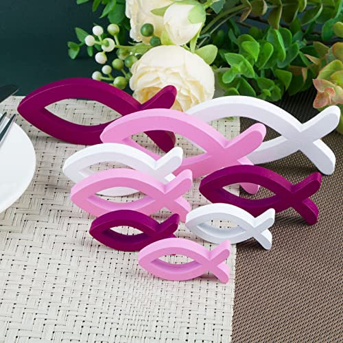 BHGT 9 Stück Holzfische Deko Taufe Deko Rosa Tischdeko Taufe Kommunion Konfirmation Mädchen Holz Fische Aufsteller Taufedeko für Mädchen Deko Rosa Weiß Hellrosa (Rosa)
