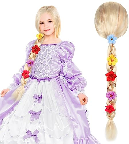 Foreverup Kinderperücke Blond, Prinzessin Perücke Zopf, Rapunzel Kostüm-Perücke für Kinder mit künstlichen, für Märchen, Karneval, Mottoparty (Gold, 85 cm)