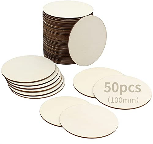 RUBY Círculos de Madera Sin Acabado 50 Piezas - Rodajas 10cm x 2mm para Manualidades, Posavasos, Adornos del Hogar (50pcs)