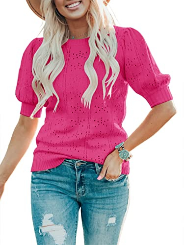 Saodimallsu Women's Jumpers Short Sleeve Shirts Casual Loose Cute Tops Plain Crew Neck T Shirt Knit Pullover Sweaters Blouse Rose M