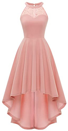 Bbonlinedress Vestido de Fiesta Cocktail Vintage sin Mangas A-línea Midi Alto Bajo Elegante Escote Halter para Mujer Blush XL