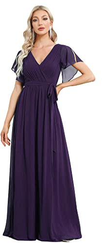 Ever-Pretty Robe pour Mariage Invité Longue Femme Col V Mousseline A Line Manches Courtes Plissé Chic EE0164A