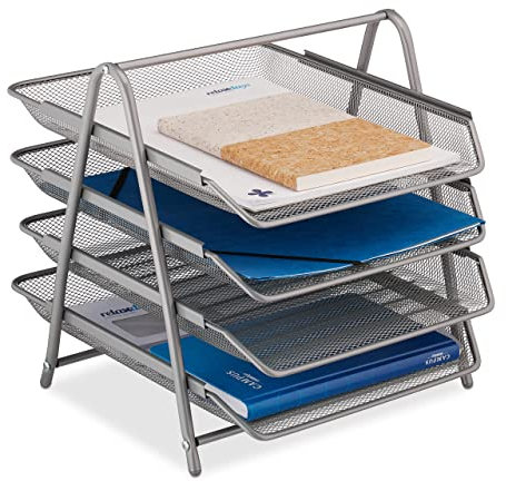 Relaxdays Dokumentenablage, Papierablage für A4 Formate, 4 Fächer, 32,5 x 30 x 35 cm, Mesh-Design, Büro-Ablage, Silber