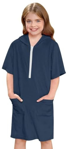 BesserBay Mädchen Handtuch Strandponcho Badeponcho Reißverschluss mit Kapuze Blau Seitentaschen Surf Poncho 130