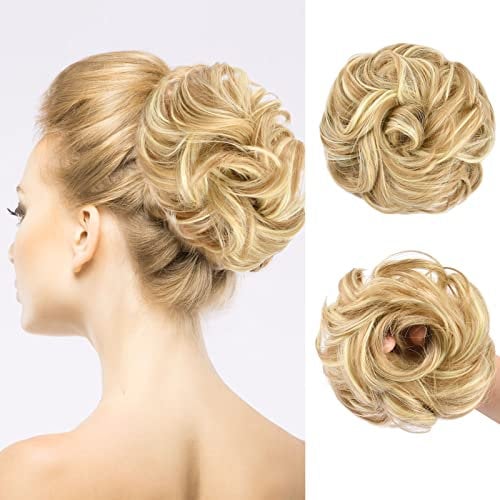 Aomig Haarteil mit Gummiband, Dutt Haarteil Oberkopf Gelockt Haargummi mit Haaren, Haardutt Hochsteckfrisuren Haarverlängerung Messy Haarteile für Damen Mädchen Pferdeschwanz (Golden)
