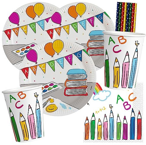 spielum 44-teiliges Party-Set Schulstart - Einschulung - Teller Becher Servietten Trinkhalme für 8 Personen