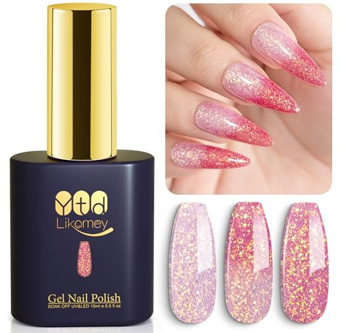 YTD Likomey Iridescent Flakes Color Changing Gel Nail Polish,Thermal 15ml Dual-Tone Light Pink to Peach Red Sparkly Glitter Temperature Mood Ombre Gradient UV Nail Gel,WB341