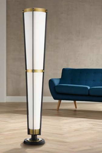 Possini Euro Design Vista Mid Century Modern 68 Tall Torchiere Floor Lamp with Smart Socket Mixed Metals Gunmetal Gray Antique Brass Linen Cone Shade for Living Room Bedroom Office House Home