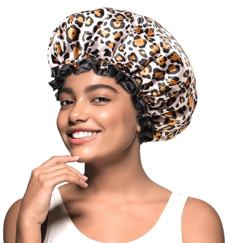 mikimini Shower Cap for Women Fashion-Forward, with Double Layer, Waterproof, Reusable, Bath Hat for Short to Medium Hair - Express Unique Style with Bold and Chic Leopard Print Shower Cap, 2 Pack