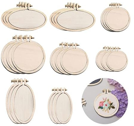 Gotrain 24 Sets 8 Größen Holz Mini Stickrahmen Kleine Kreuzstich Hoop Mini Ring Stickerei Kreis für DIY Anhänger Handwerk Rund Oval Vertikal Oval Horizontal