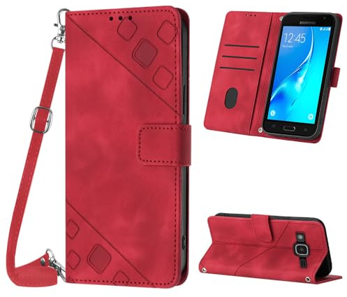 Mo-Beauty Hülle mit Samsung Galaxy J3 2016/ J310, PU Leder Flip Crossbody Handyhülle, verstellbare abnehmbare Halskette [Ständer] [Kartenfach] [Magnet] Schutzhülle für Samsung J3 2016 - Rot