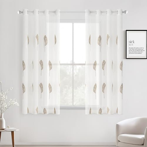 MIULEE Wohnzimmer Vorhänge Transparent mit Blätter Muster, Modern Stickerei Gardinen Ösen für Schlafzimmer Deko, 2er Set Schöne Blätter Muster Durchsichtig Vorhang Fenster H 175 x B 140