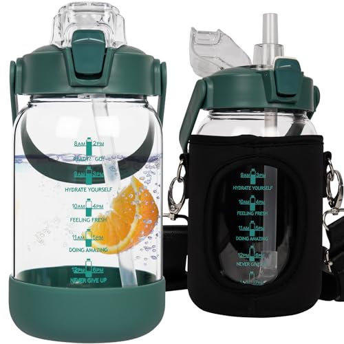 Seekua 1 litre Sport Gourde d'eau Avec Paille et Temps Motivation Marqueur, 1l Grande Bouteille d'eau Verre Avec Sans BPA Pour le Gym Bureau Fitness Camping