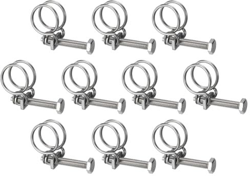 sourcing map 10Pcs Double Wire Hose Clamp, 24-27mm Adjustable Stainless Steel Wire Hose Clips with M8 Bolt for Dust Collection Hose, Pump Hose Pipe