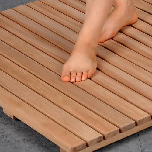 FANYING Natürliche Massivholz-Duschbadezimmer-Bodenmatte mit rutschfesten Füßen, wasserdicht und leicht zu reinigen, Lattenrost-Design, rutschfeste Mehrzweckmatte,27.6x39.4in/70x100cm