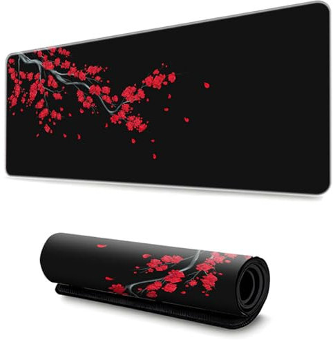 Hixingo Sakura Noir Tapis de Souris XXL/XL/L, Tapis de Souris Gamer, Tapis de Souris en Base Antidérapante, Tapis Souris avec Bords Cousus, Convient pour Gaming, Maison (700x300x3mm,Rouge)