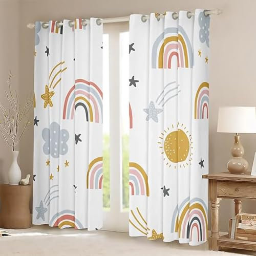ZZTBQ Karikatur Regenbogen Kinderzimmer Gardinen mit Ösen Regenbogen Sonne Stern Verdunkelungsvorhang 140x160cm Für Jungen Mädchen Kinder Schlafzimmer