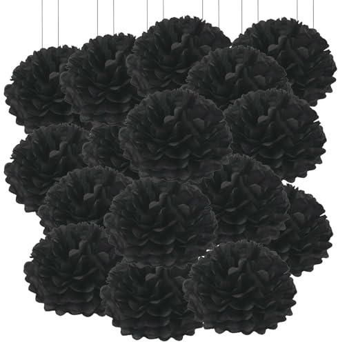 20pcs Tissue Paper Pom Poms - Black - 20 cm - Tissue Paper Pompoms for Engagement, Wedding, Birthday Party Deco