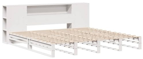 vidaXL Massivholzbett, Bett mit Bücherregal ohne Matratze, Holzbett Bettgestell mit Lattenrost, Palettenbett Doppelbett für Schlafzimmer, Weiß 180x200cm