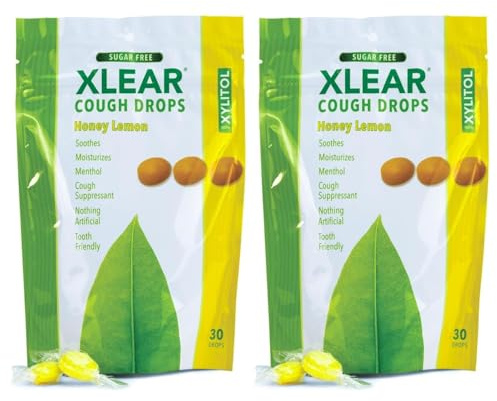 Xlear Xylitol Zuckerfreie Bonbons Hustenbonbons, Zuckerfreie Lutschtabletten gegen Halsschmerzen, Nicht-GMO, Glutenfrei, Natürlicher Honig-Zitronen-Geschmack, 30 Stück (2 Packung)