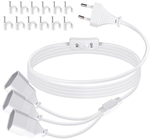 Verlängerungskabel Flachstecker mit Schalter, 2M Eurostecker Verlängerung Stromkabel Netzkabel Flach, 3 Fach Euro Steckdosenadapter mit Dünn Kable EU Verteiler 2,5A/250V für TV mit EU Stecker, Weiß