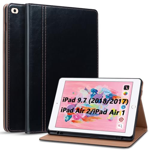 ONETHEFUL Coque pour iPad 6ème/5ème Génération 9.7 Pouces Housse avec Porte-Stylet,Tablette Protection Case Compatible iPad 9.7 (2018/2017)/iPad Air 2/iPad Air 1 Veille/Réveil Auto Noir