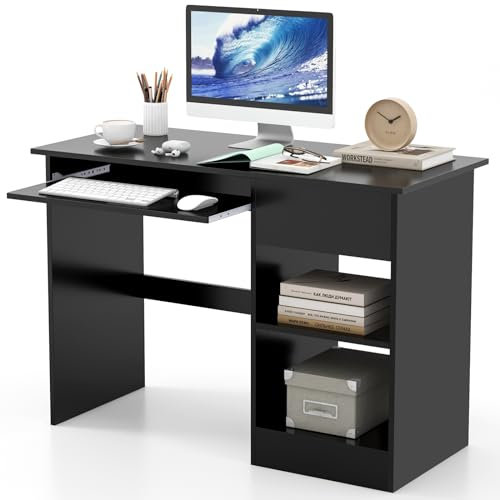 COSTWAY Computer Desk, 108 x 48cm Wooden PC Laptop Table Writing Workstation with Sliding Keyboard Tray, Drawer and Adjustable Storage Shelf, Modern Home Office Working Gaming Study Desk (Black)