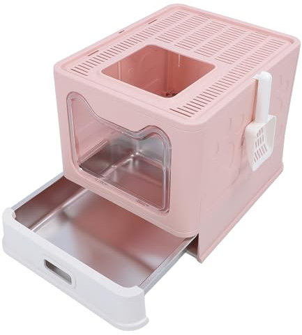 Lettiera per Gatti Chiusa, Toilette per Gatti Pieghevole Antispruzzo Antiodore in Stile Cassetto Grande in Acciaio Inossidabile con Paletta per Lettiera (Rosa pesca)