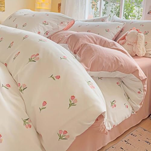 Nyescasa Bettwäsche 135x200 Weiß Rosa Tulpen Bettbezug Mädchen Kinder Weich Mikrofaser Blumenmuster Wendebettwäsche Set mit Reißverschluss und Kissenbezug 80x80cm