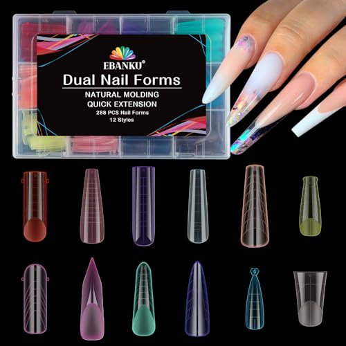 EBANKU 288 PCS Poly Gel Nail Forms, Reusable Dual Forms for Polygel Multicolor Nail Mold Acrylic Nail Extension Tool for Home Salon Nail Manicure, 12 Styles