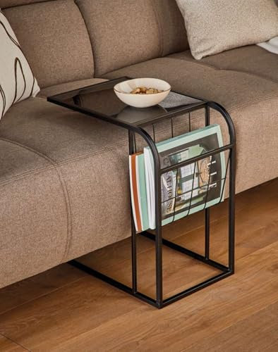 Dekoleidenschaft Beistelltisch Industrial aus Metall mit Glasplatte, schwarz, Zeitschriftenhalter, Sofatisch, Kaffeetisch