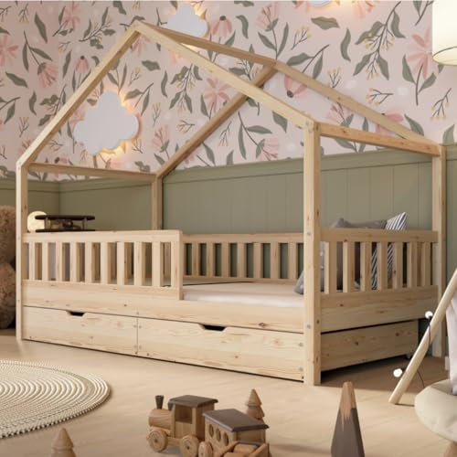 Crazy Pine Hausbett mit Schubladen 100x200 cm – Kinderbett aus Naturholz mit Rausfallschutz – Montessori Bodenbett mit zusätzlichen Stauraum und und Abnehmbarer Barriere - Crazy House
