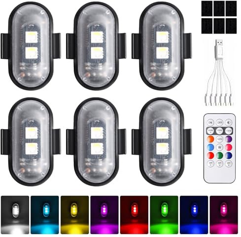 BORDEAG Luci LED senza fili per auto, 6 pezzi LED Aircraft Strobe Lights, 8 colori Flash LED, telecomando flash con telecomando, per moto drone