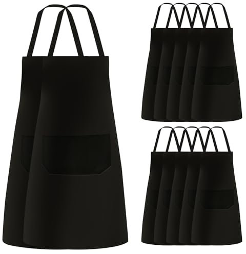 SPORWAY 12 Stück Kochschürze: Verstellbare Schürze mit 2 Taschen, Weiss Kochschürze, Unisex Köche Schürze, Verstellbarem Nackenband Schürze für Küche Kochen Backen Restaurant Café (Schwarz)