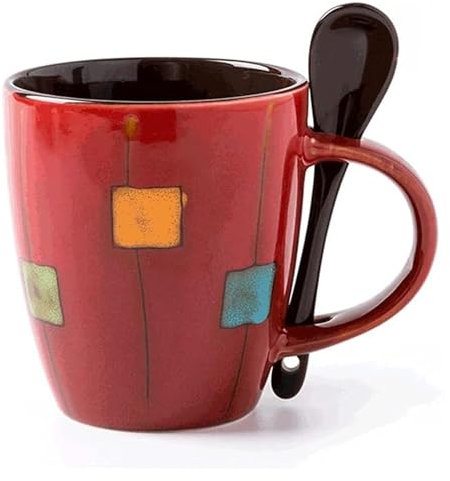 Taza Taza de Café Americano clásica, taza de bebida multifuncional pintada a mano de cerámica de 350ML for café, leche, Etc. Con asas(Red)