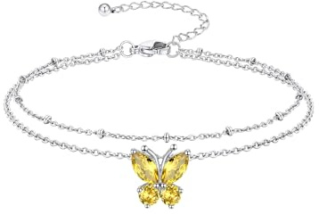 Richsteel Geburtsstein Fußkette für damen Sommer Schmuck Edelstahl Doppelte Fußkettchen Edelstein Schmetterling Silber/Gold/Schwarz