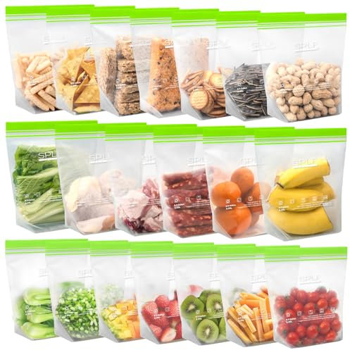 SPLF 20 Pack Half Gallon Reusable Freezer Bags Dishwasher Microwave Safe, Extra Thick Double Zip Lock Half Gallon Food Storage Bags, Leakproof Containers for Meal Prep, Fridge Kitchen Organization