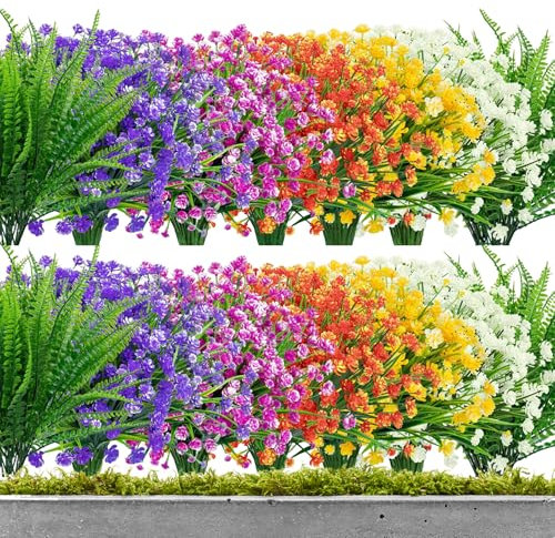 REIOMESK 16 Bundles Artificial Flowers Outdoor UV Resistant Fake Flowers Artificial Outdoor Shrubs Plants Garden Home Wedding Porch Window Hanging Decor