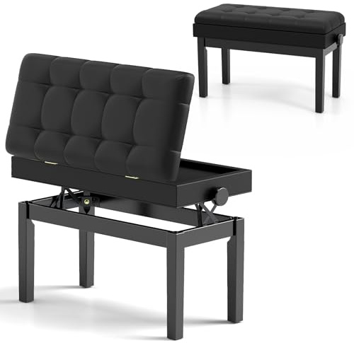 HOMASIS Höhenverstellbarer Klavierhocker, Klavierbank mit verstecktem Stauraum, Metallgestell/Holzbeine/Sitzfläche aus Kunstleder, gepolsterter Hocker für Musiker, Schwarz