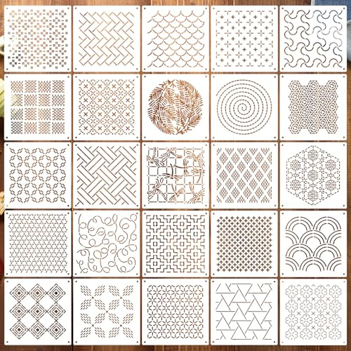25 Stück Sashiko Schablonen Set,Kunststoff Sashiko Schablonenset,Geometrischer Stickstabilisatoren,für Handquilten und Nähen,Geometrische Muster(12 X 12 CM)